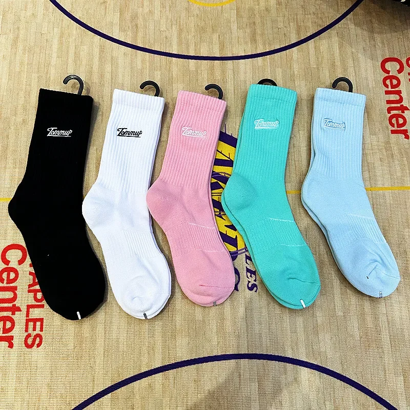 1 pair of women's outdoor basketball, running, badminton, tennis socks, white, blue, pink, thick sole socks