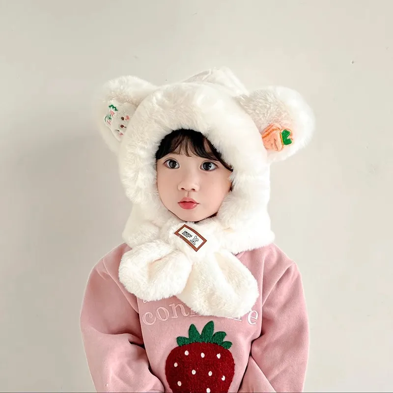 Winter All-in-one Hat Set for Boys and Girls, Cartoon Bear Doll Plush Scarf, Cute Warm and Comfortable Scarf