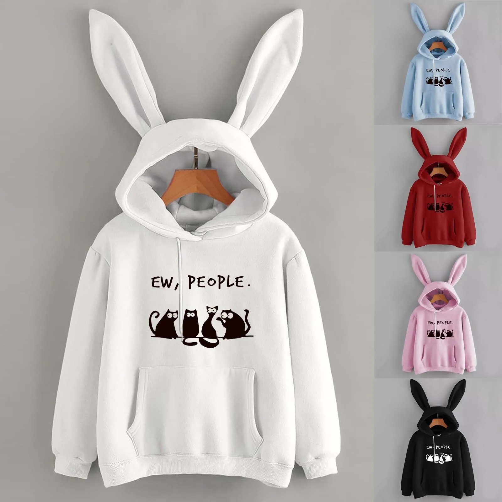 Fleece Sweatshirt Cute Rabbit Bunny Ears Cat Print Women Hoodie Coat Autumn Winter Drawstring Sweet With Pocket For Teen Girls