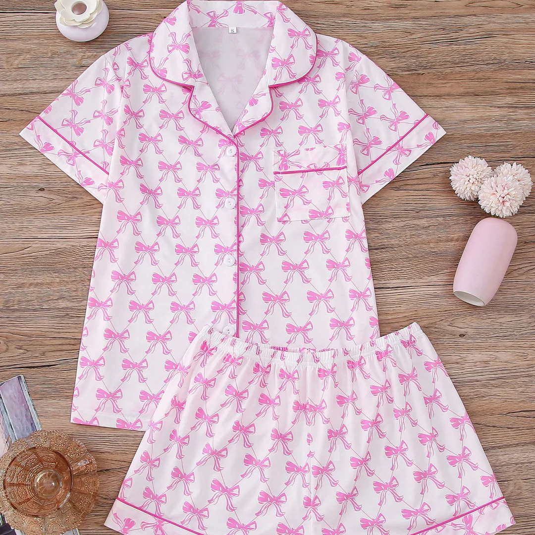 

Pink Pajamas with Little Bow Print Lapel Short Sleeves and Shorts Home Wear Set Loungewear Clothes Gifts for Women