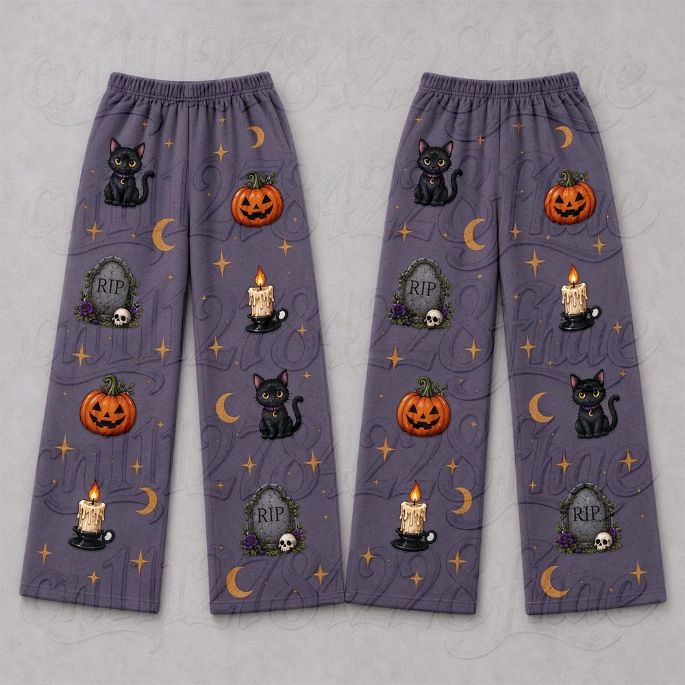 Men's Halloween Cat Pumpkin Printed Pants Casual Wide Leg Loose Straight Trousers Retro Fall Sweatpants Lounge Pajamas Bottoms