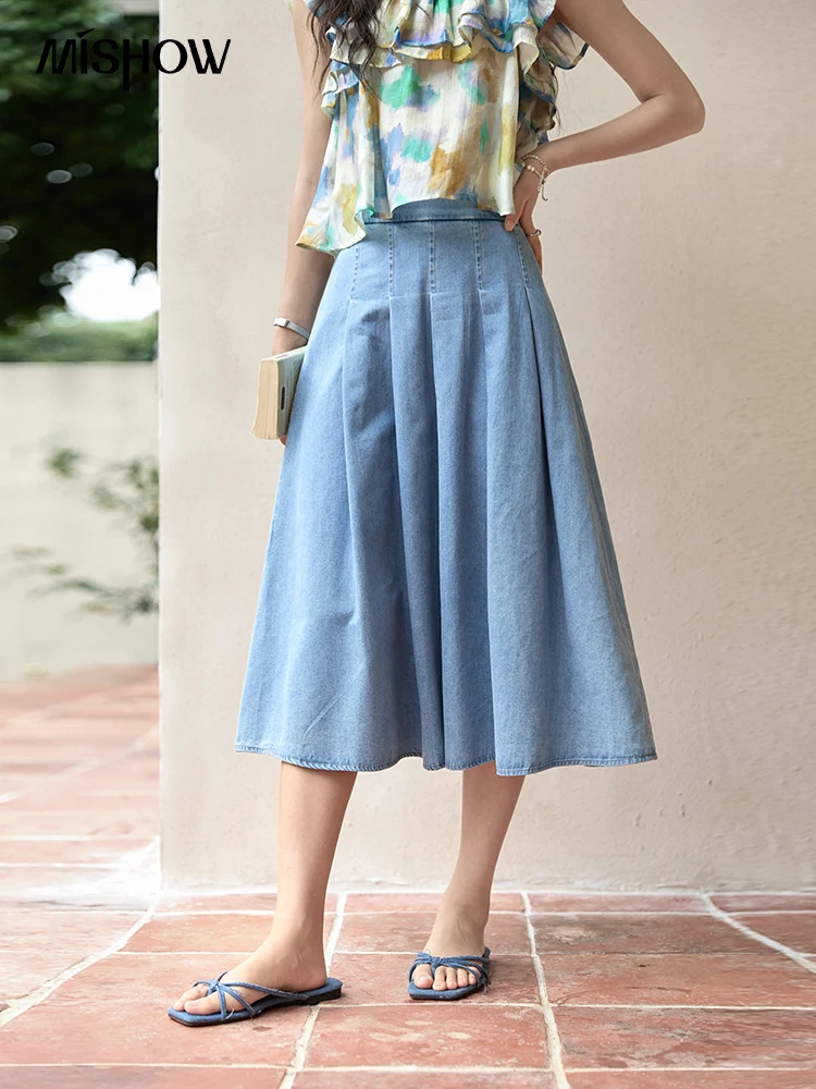 

MISHOW Women's Blue Temperament Denim Skirt 2024 Summer Pleated A-line Umbrella Skirt Casual Back Elastic Waist Skirt MXD29B0458