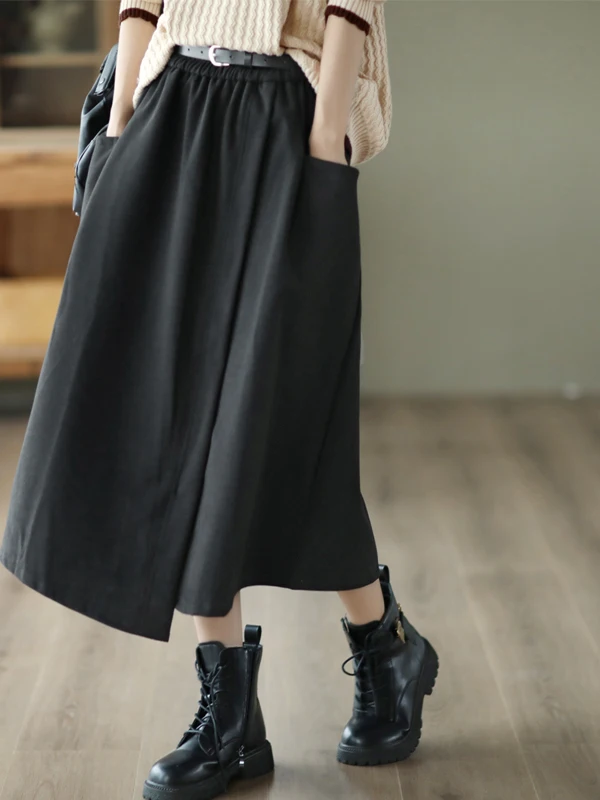 엘레 미디 길이 A라인 스커트 여성용 벨트 허리 밴딩 스커트 출퇴근 캐주얼 기타 소재 기타 제작