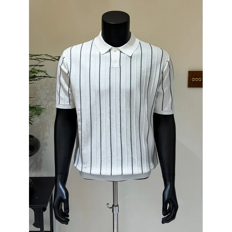 

Classic British Style Men's Striped Knitted Polo Shirt Fashion Slim Fit Short Sleeve Business Casual Tshirts Men Clothing 2026