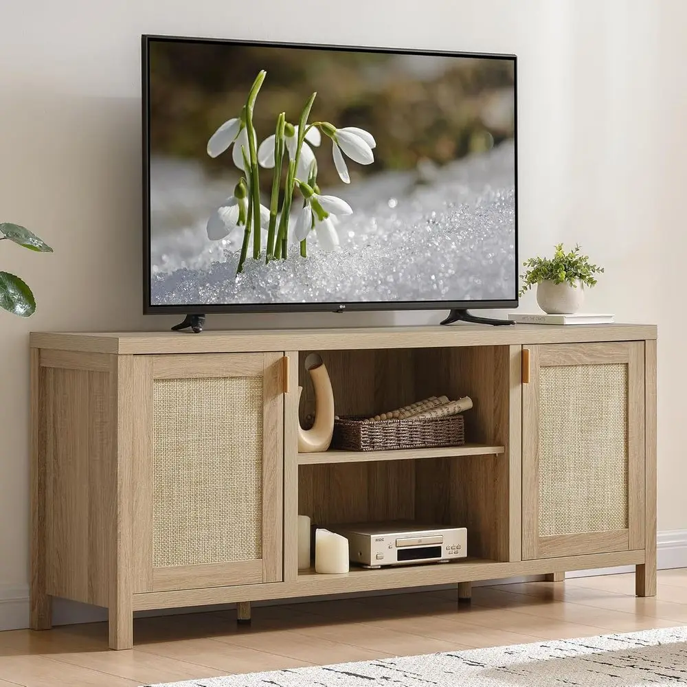 Rattan TV Stand or Living Room - 26" Tall TV ole Cabinet with Storage and Adjustable Shel, Boho Entertainment Center, 59" Media