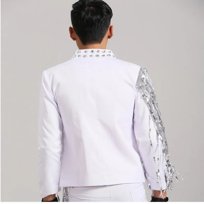 Nightclub Men Singer Rock Punk White Sequin Tassel Jacket Stage Costume Zipper Bar Vocal Concert Jazz Dancer Performance Clothes