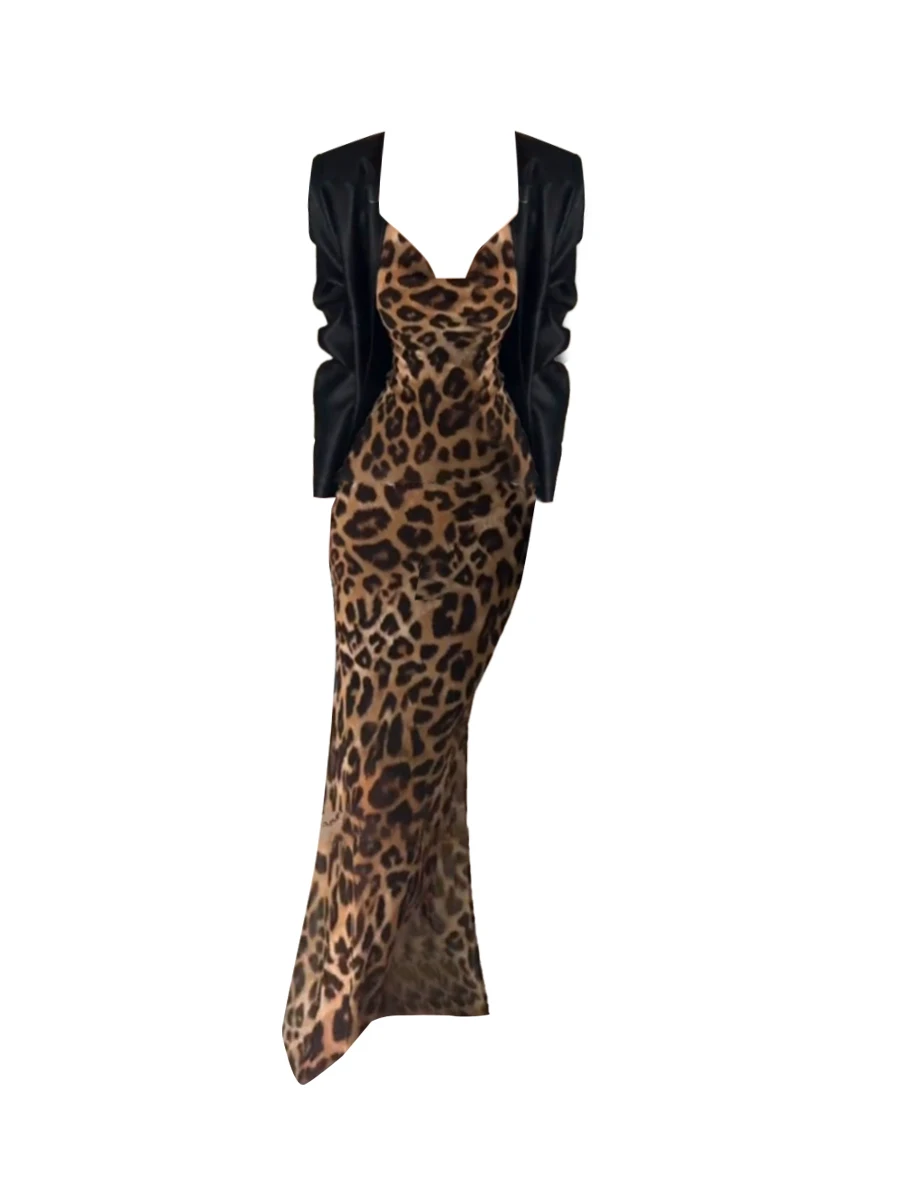 

plus Size Women's Korean Sle Slim Fit Leopard Print Dr Suit Jaet Two Piece Set Spring Faion Casual Wear