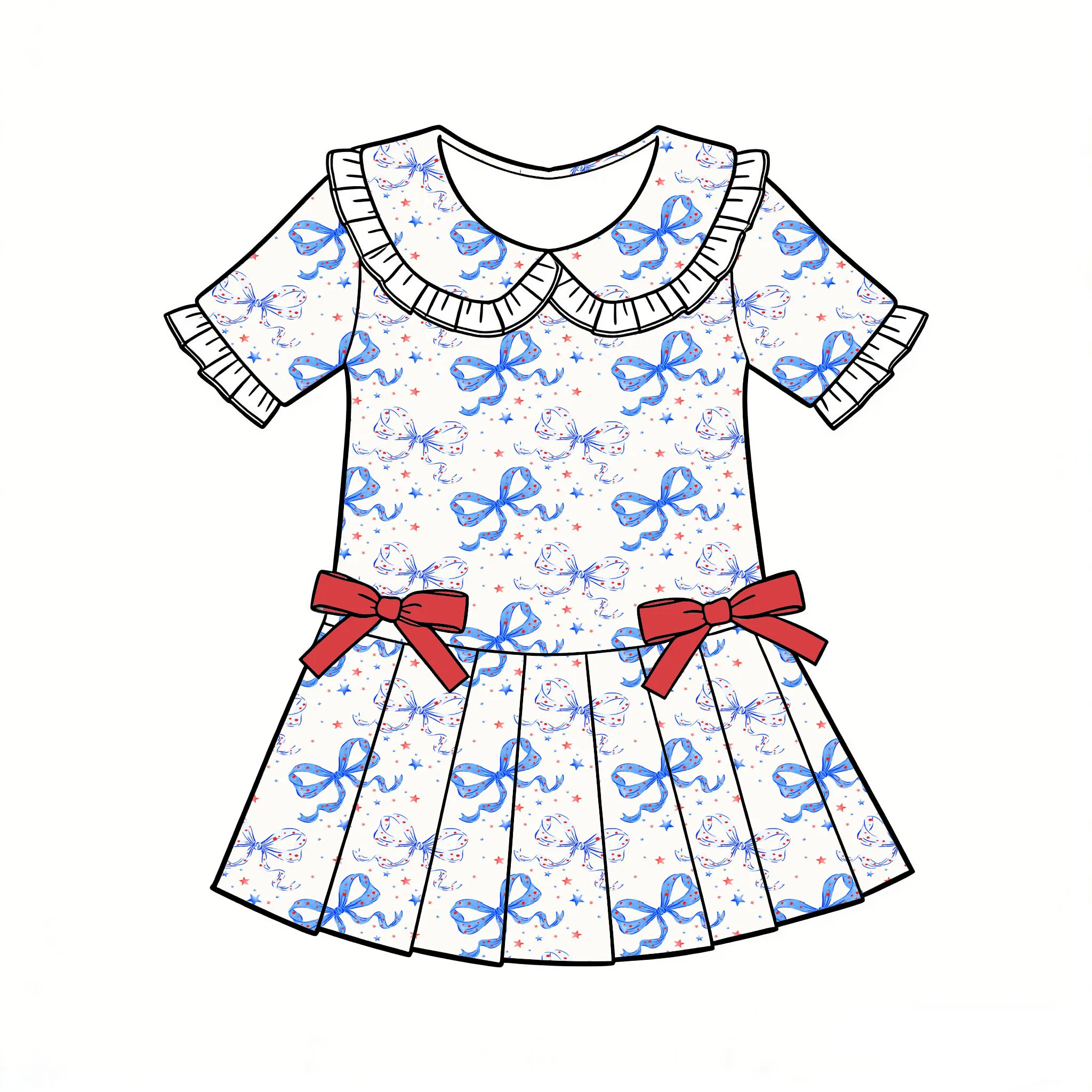 Premium Children's Collar Ruffle Dress Girls' Clothing Flag Day Print Bow Decoration Dress milk silk fabric