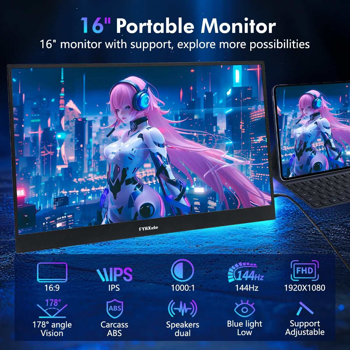 Monitor portátil de 16 pulgadas, 144 Hz, resolución FHD 1920 x 1080, pantalla IPS, contraste de 1000:1, 99 % de sRGB, altavoces duales