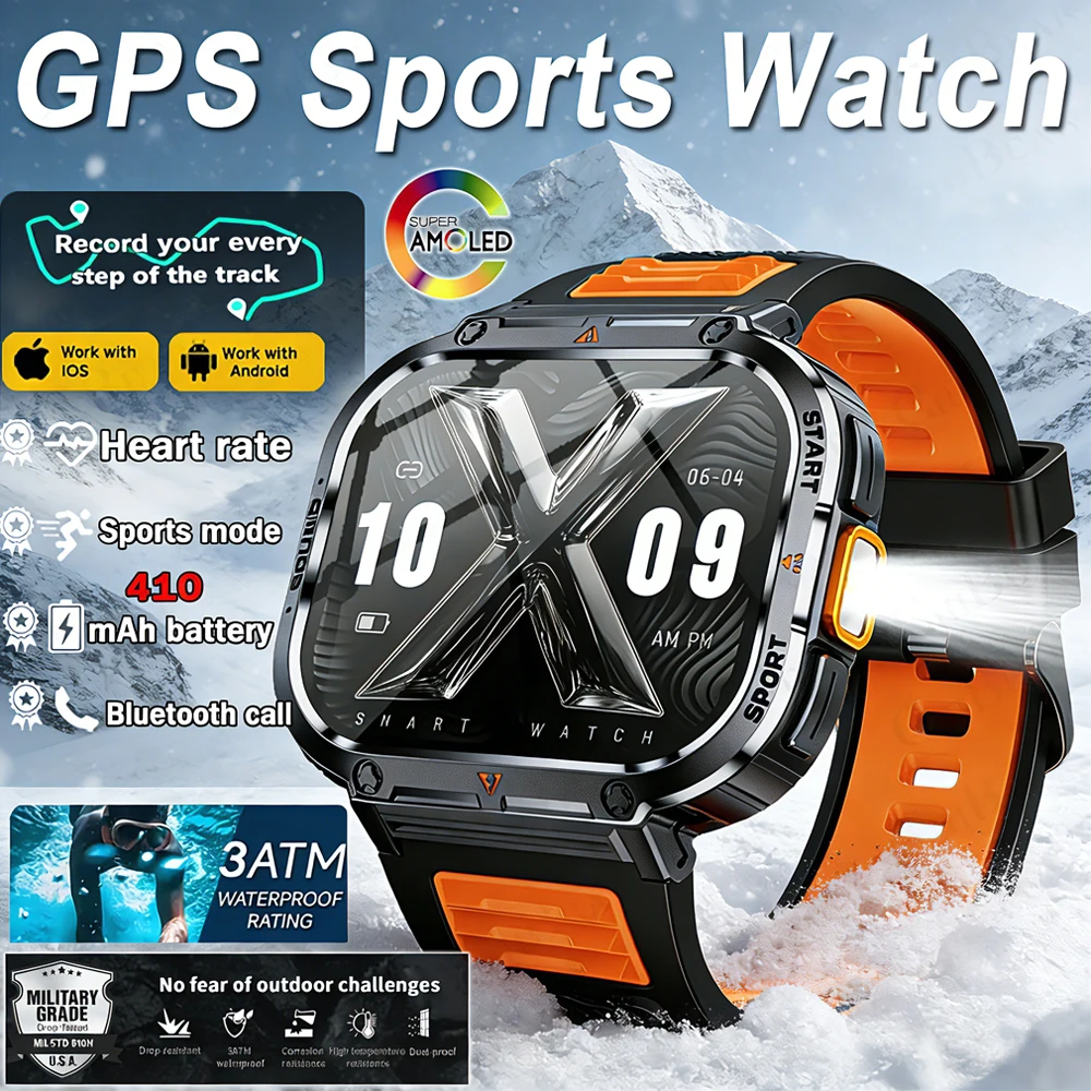 

Умные часы с GPS, 2-дюймовым ультрабольшим экраном, LED-подсветкой, фонариком, функцией звонков по Bluetooth, голосовым помощником, аккумулятором 400 мАч, для мужчин, фитнес-трекер, спортивные смарт-часы