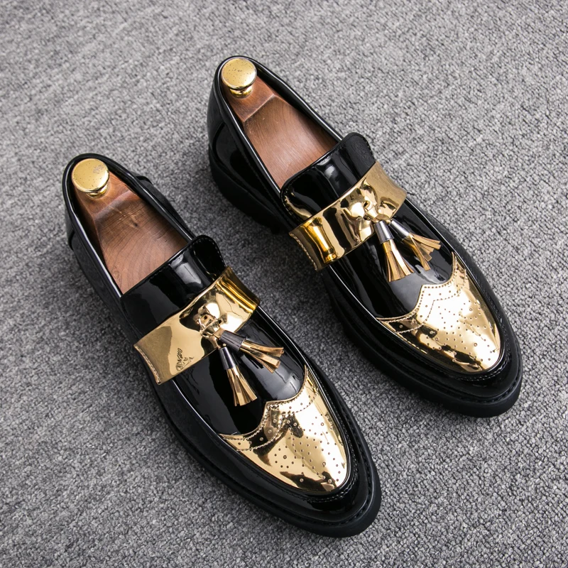 2023 New Luxury Brand Men\'s Glossy Leather Shoes High-end Gold Patchwork Men\'s Height Increasing Shoes Banquet Dress Shoes