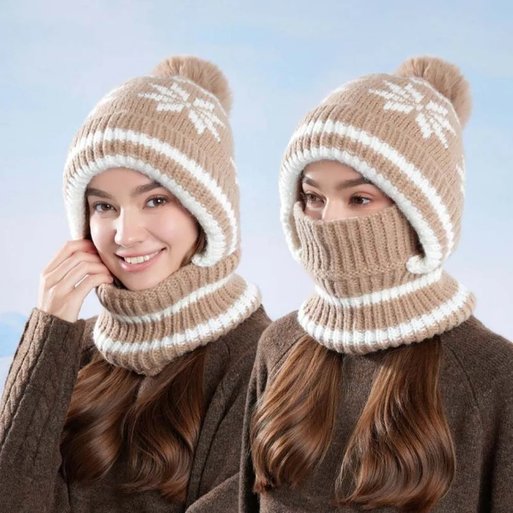 Fleece Lining Knitted Balaclava Hat Snowflake Jacquard Thick Warm Winter Beanie Mask Ear Protection Full Cover