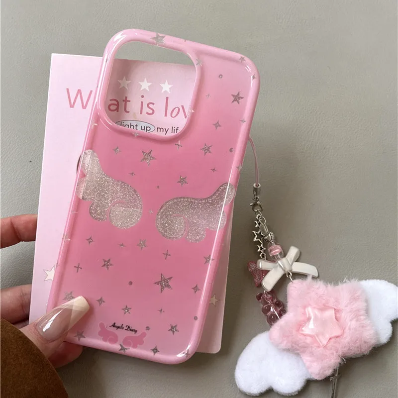 لطيف التدرج قوس قزح الكرتون ستار أجنحة الملاك بريق جراب هاتف آيفون 13 14 15 16 برو ماكس شعر رقيق ستاردست الكروب