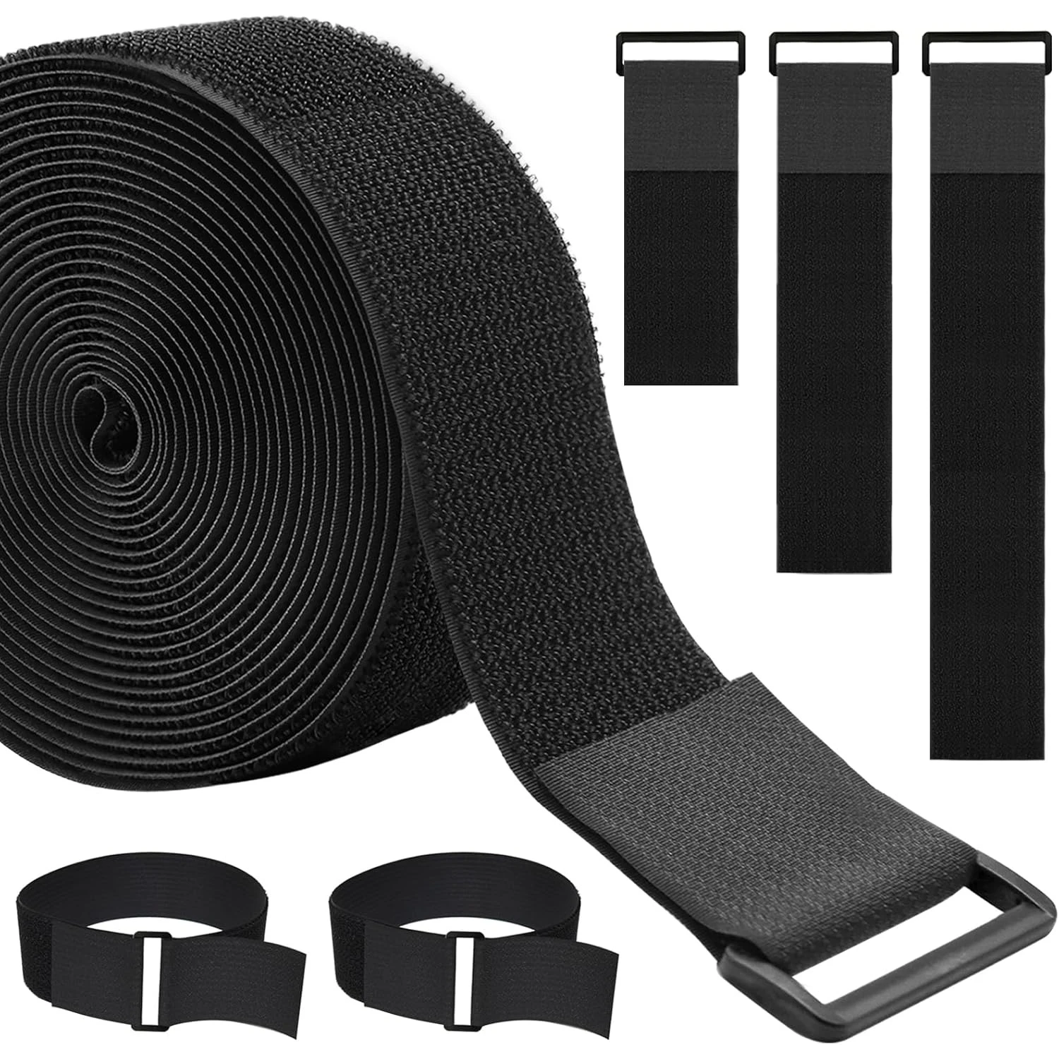 16Ft Cinch Straps Heavy Duty With 20 Buckles, Black Nylon Hook and Loop Straps, Reusable Cable Ties for Organizer and Storage