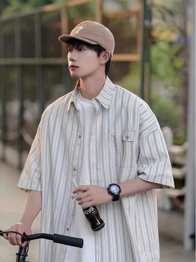 Summer Men's Retro Short Sleeve Striped Shirt Top Fashion Loose Fitting Versatile Handsome Casual Half Sleeve Shirt Jacket