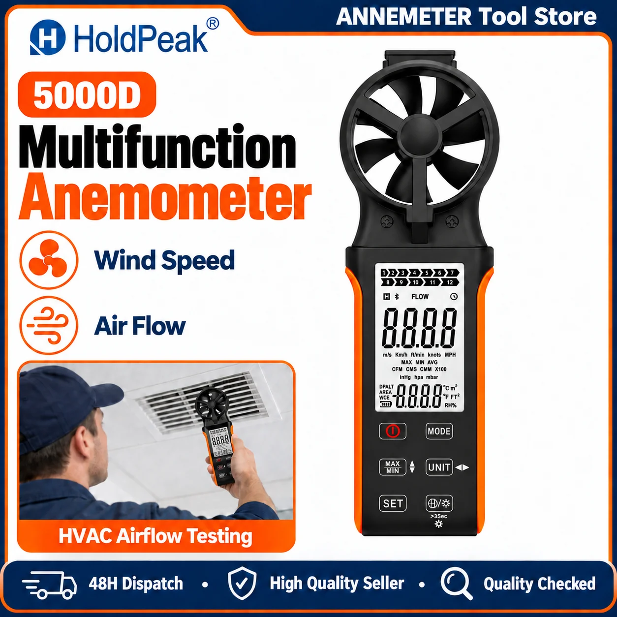 Handheld Air Velocity Tester Rechargeable Portable Wind Gauge 270° Rotatable Sensor Touch Control CFM Air Flow Meter