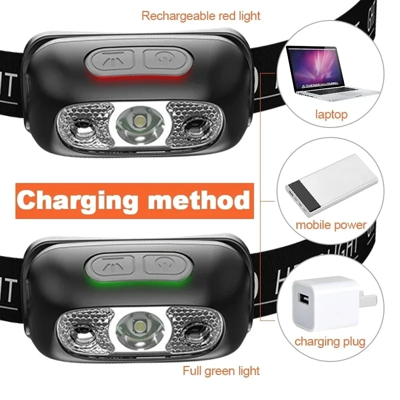 ไฟฉายคาดศีรษะ LED ชาร์จไฟได้แบบ USB เซ็นเซอร์ตรวจจับการเคลื่อนไหวพร้อมแบตเตอรี่ในตัวไฟหน้า LED ไฟฉายสำหรับตกปลาตั้งแคมป์