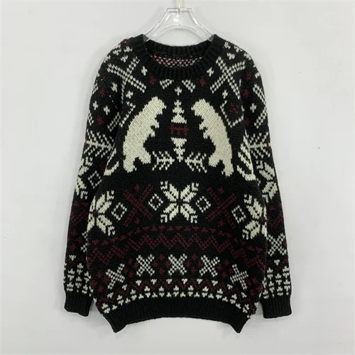 ヴィンテージ風カートゥーンプリントウールセーター カジュアルルーズフィット レディース 秋冬 ファッション 暖かいラウンドネック シングルボタン留めニット...