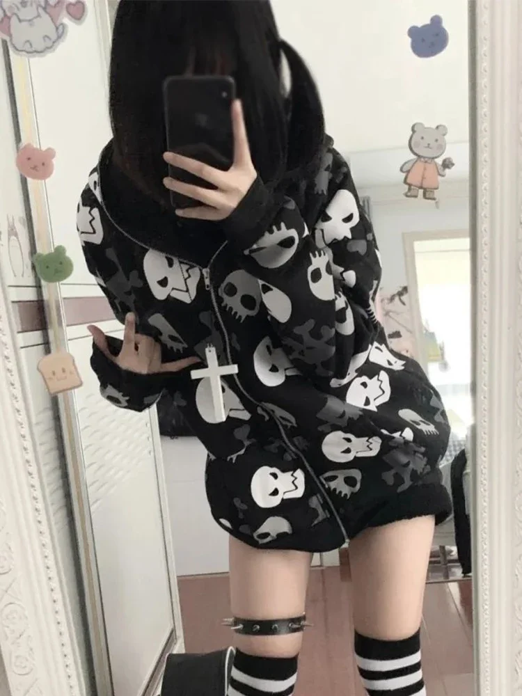 2025 New Vintage Cyberpunk Y2k Sweatshirt Women's Harajuku Gothic Skull Printed Long Sleeve Zipper Cardigan Hoodie Woman Clothes