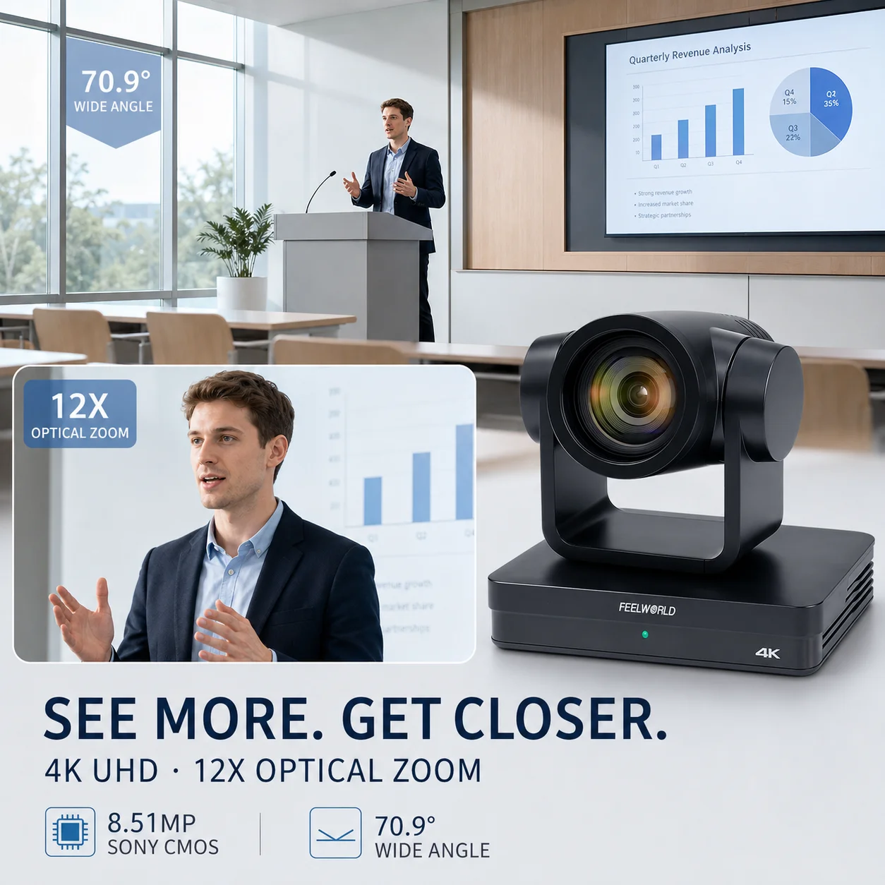 FEELWORLD UHD 4K PTZ Smart Camera 12X Optical Zoom Auto Focus AI Tracking SDI HDMI USB LAN Outputs Remote Control PoE Supported