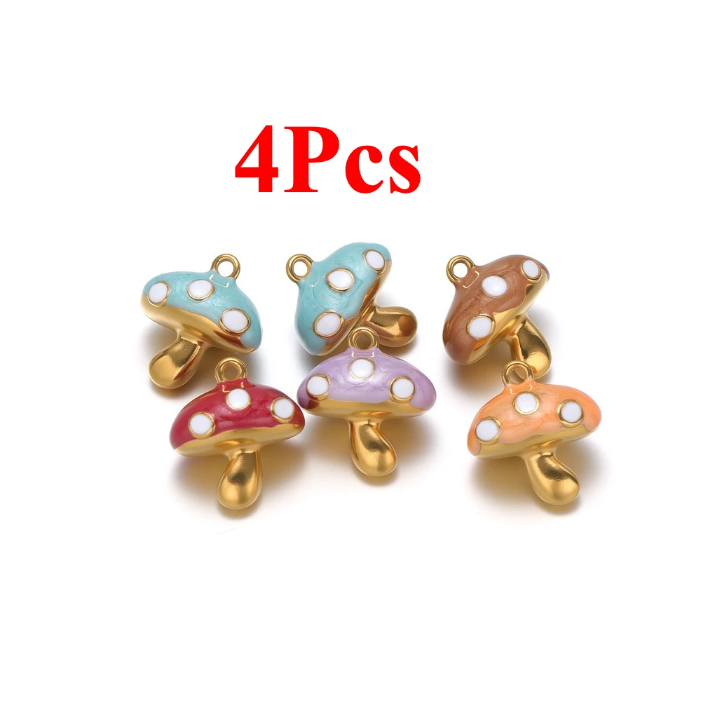 4Pcs Gold Plated Stainless Steel Pendant Enamel Mushroom Charms for Jewelry Making DIY Earring Necklace Bracelet Accessories