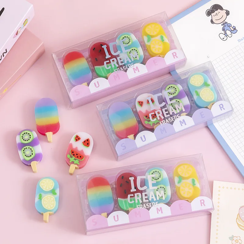 4 pcs/ Set 1-2 Set Lytwtw\'s Cartoon Cute Kawaii Ice Cream Rubber Mini Eraser Novelty Stationery Office School Supplies