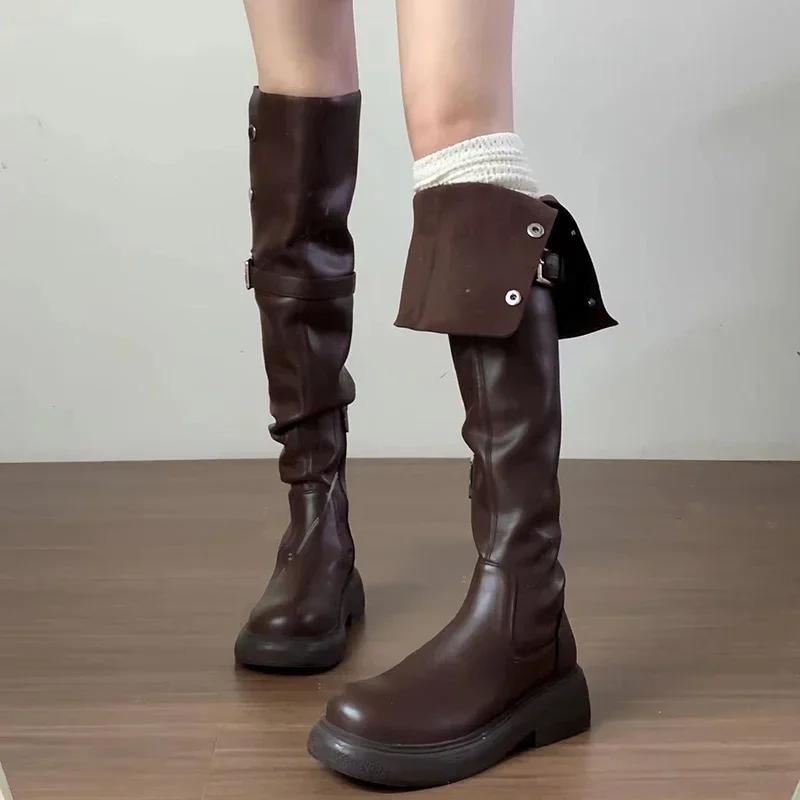 

Winter Fashion Slip On Ladies Elegant Low Heel Long Booties Women Over the Knee High Boots Belt Buckle Women's Knight Booties