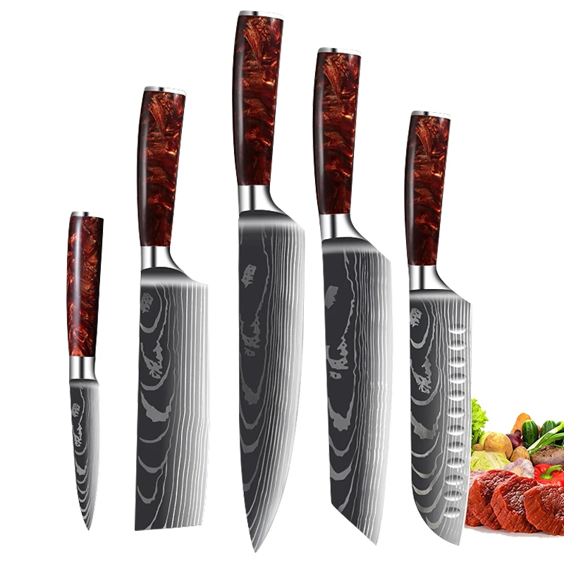 Stainless Steel Kitchen Knives Set Forged 7CR17 Steel Santoku Knife Cleaver Chef Nakiri Paring Utility Fish Knife