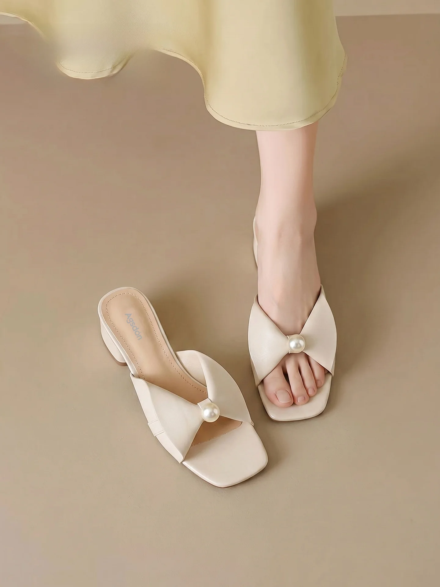 Agsdon Women's Chunky Heel Slippers Outdoor Wear Summer Open-Toe Flat Sandals Comfortable Wide Strap  Knot Slippers