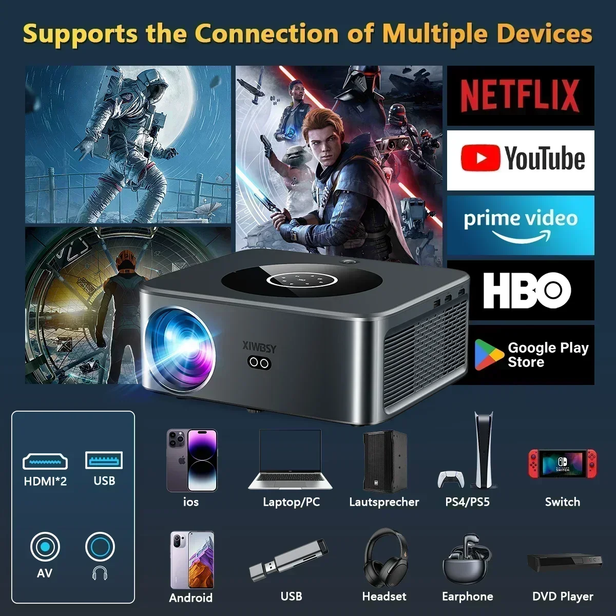 XIWBSY 25000 lúmenes Android 4K Proyector LED 800ANSI WiFi6 Proyector Bluetooth Video Cine en casa Enfoque automático/Proyector Keystone