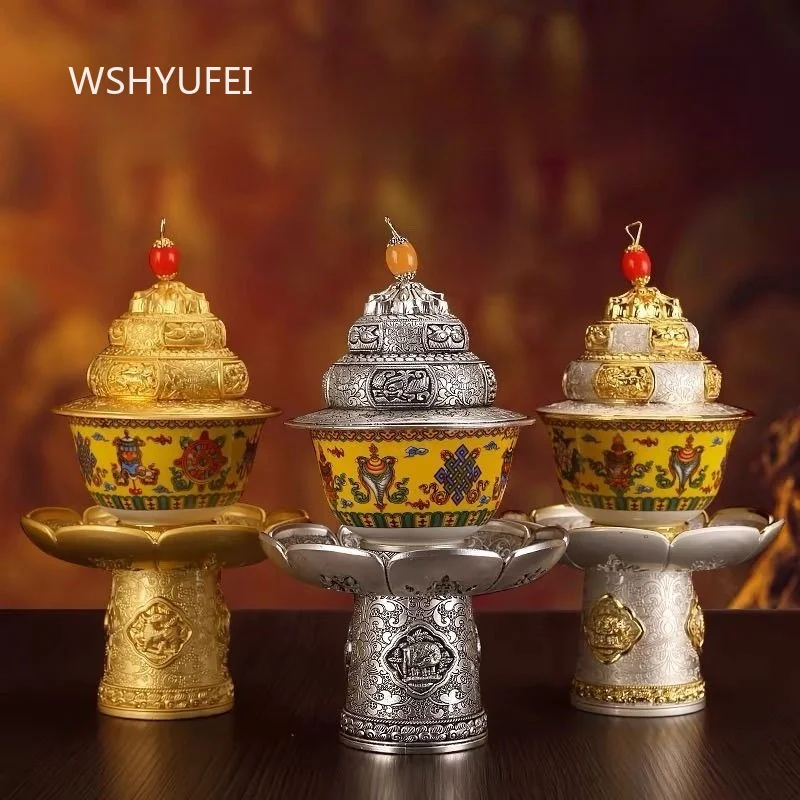 1pc Tibetan Eight Auspicious Symbols Offering Bowl with Lid and Base Gold Plated Alloy Buddhist Altar Supply for Temple Decor