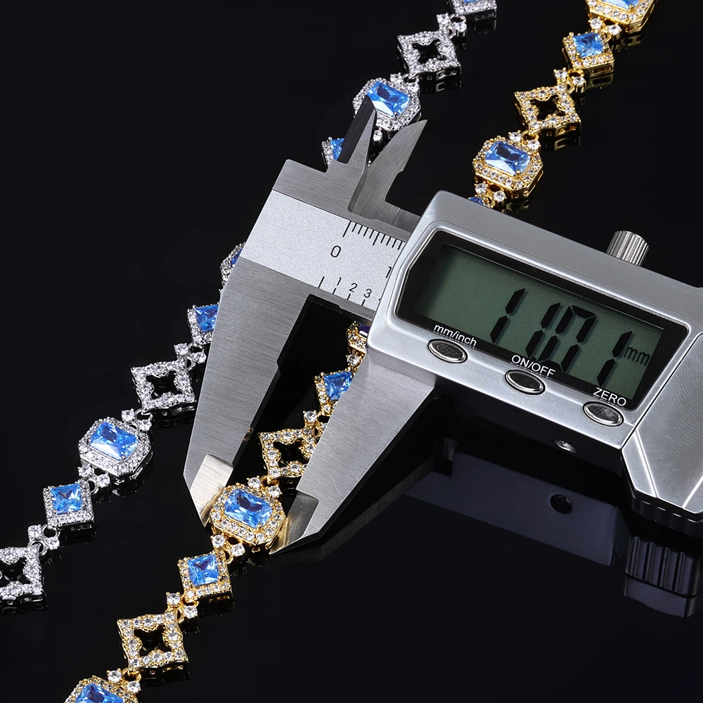 Hip Hop 11mm Iced Out Blue Gem Cuban Link Necklace Exquisite Brass Shining 5A CZ Geometric Hollow Pattern Design Jewelry Gifts