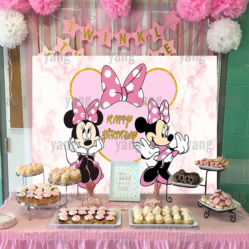 Disney Cartoon Cute Baby Minnie Mouse Custom White Dots Bow Tie Colorful Backdrop Girls Birthday Party Photography Background