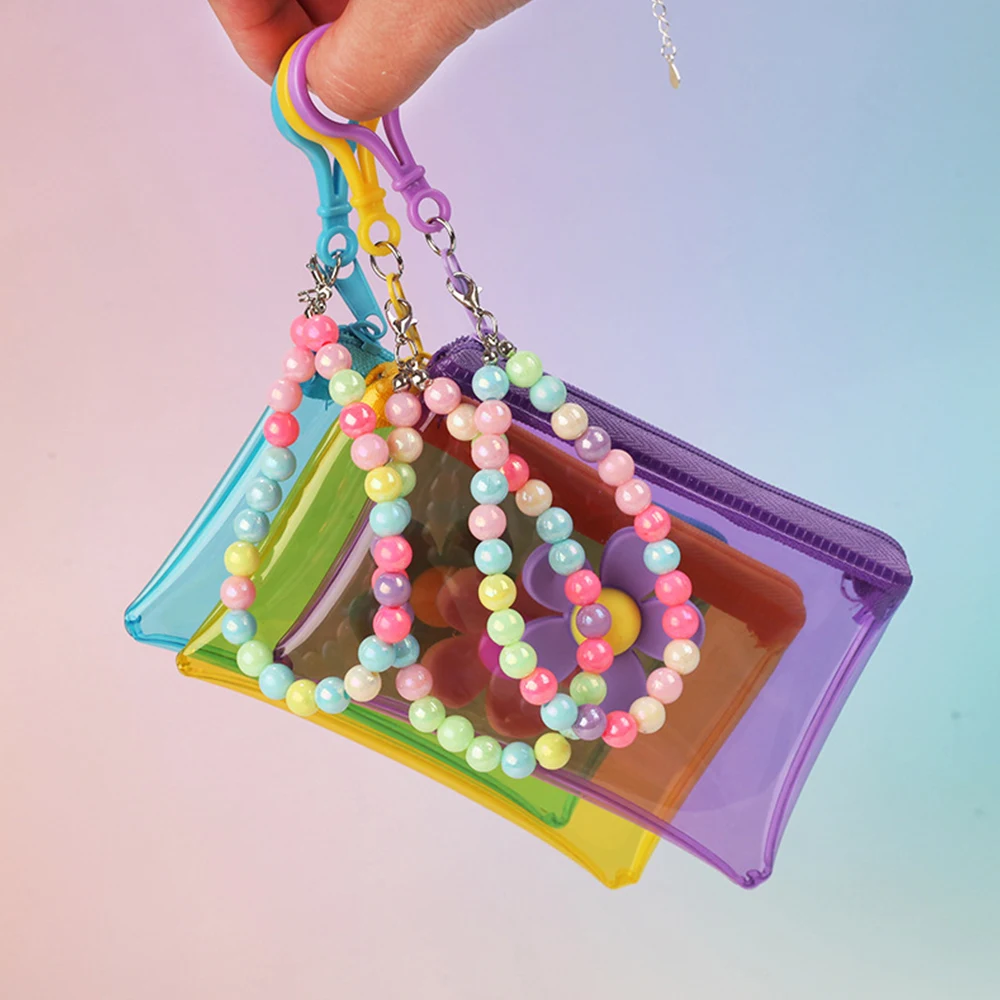 Hot Sale Flowers Coin Purse Card Holder Bag Wallet Storage Pouch Transparent Key Bag Pouch Zipper Portable PVC With Bead Chain