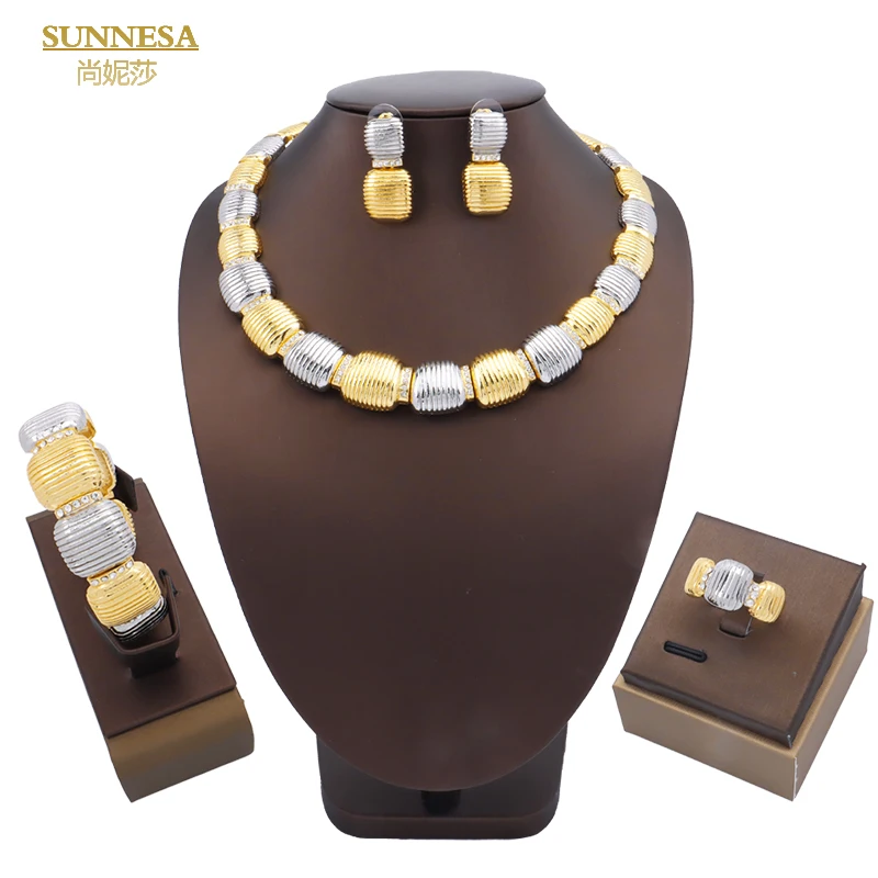 SUNNESA Mix Colors Bamboo Joint Necklace Earrings Set for Women Bohemia 18k Gold Plated African Jewelry Wedding Party Gift