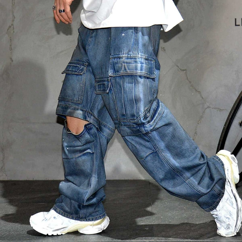 High Quality Distressed Dirty Baggy Jeans High-End Process Detachable Denim Cargo Pants Mens Clothing Multi-Pocket Trousers Male