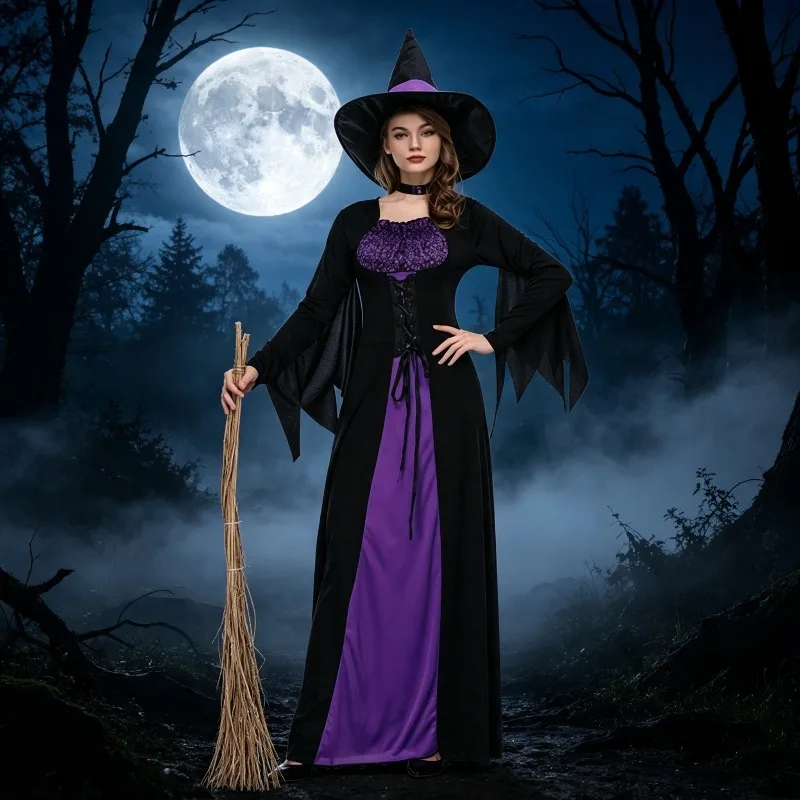 3pcs Purple Hooded Witch Cosplay Costume Long Dress Adult Women for Halloween Party and Stage Performance No Broom Included