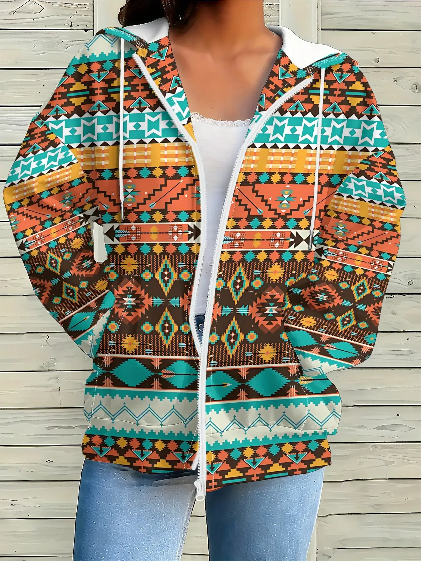 

Ladies' long sleeved loose and elegant style new jacket with zippered pockets, open top jacket, Hawaiian style tropical style