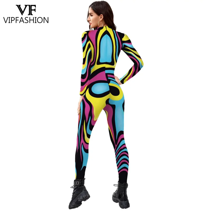 VIP FASHION Women Jumpsuits Ladies Bodysuit Party Sexy Romper Art Print Colorful Costume Burnning Man Festival Outfit Female XC9