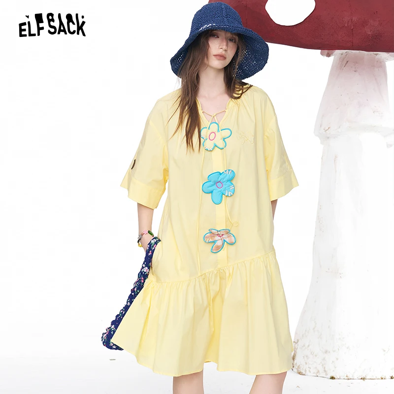 

ELFSACK Women's Floral Applique Dress, V-Neck Short Sleeve A-Line Mini Dress, Irregular Hem Casual Sundress