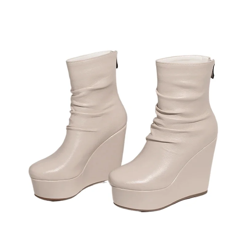 

Women Ankle Boots Size 33 Winter Autumn Pleated Design Round Toe Mature Ladies Office Platform Wedges High Heels Chelsea Boots