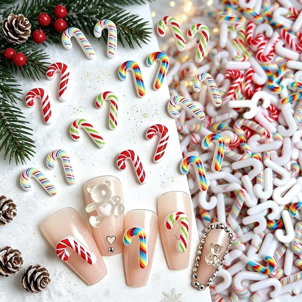 50pcs 3D Christmas Candy Cane Nail Charms Multicolor Striped Canes Nails Art Decorations for Winter Xmas Party Manicure Parts ZC