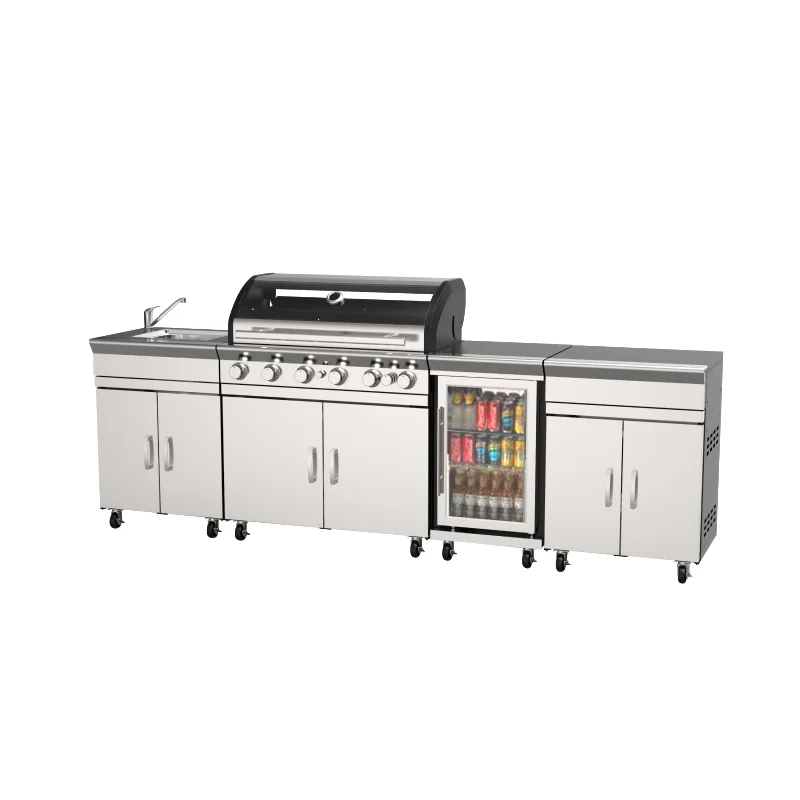 Freestanding  Commercial Kitchen Cabinet and Bbq Grill Black Stainless Steel Outdoor Kitchen for Garden