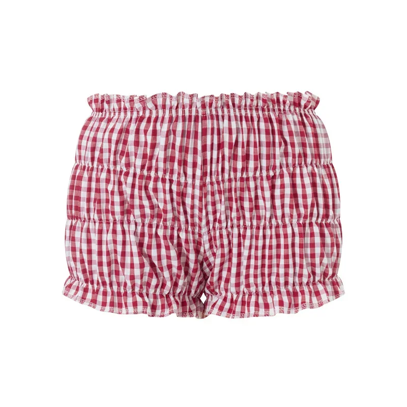 Shorts xadrez vermelho e branco para mulheres, cintura elástica, babados, shorts para bolo, bottoming, pettipants doce menina lolita