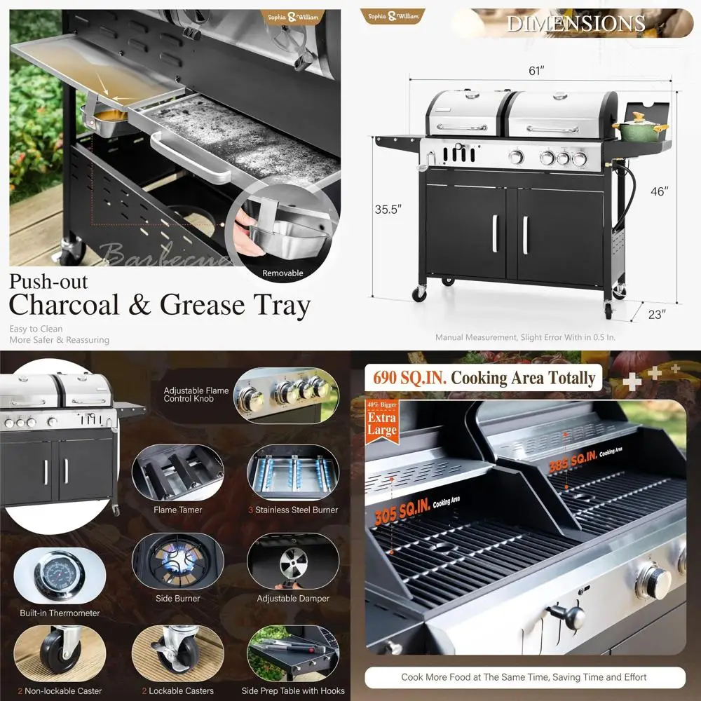 

Charcoal and Propane Gas Grill Combo with Side Burner & Porcelain-Enameled Cast Iron Grate, Dual Fuel BBQ Grill for Outdoor, Bar
