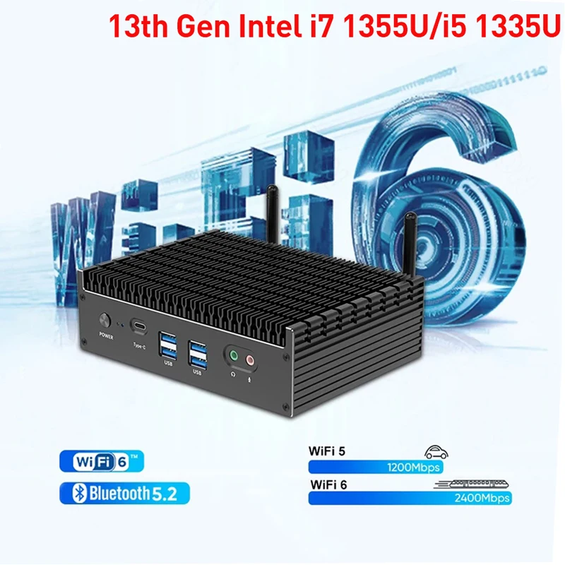 Aittact Fanless MiniPC 13a generazione Intel i7 1355U i5 1335U Windows 11 PCIE4.0 Dual 2.5G LAN Tunderbolt 4 Host per computer da gioco WiFi6