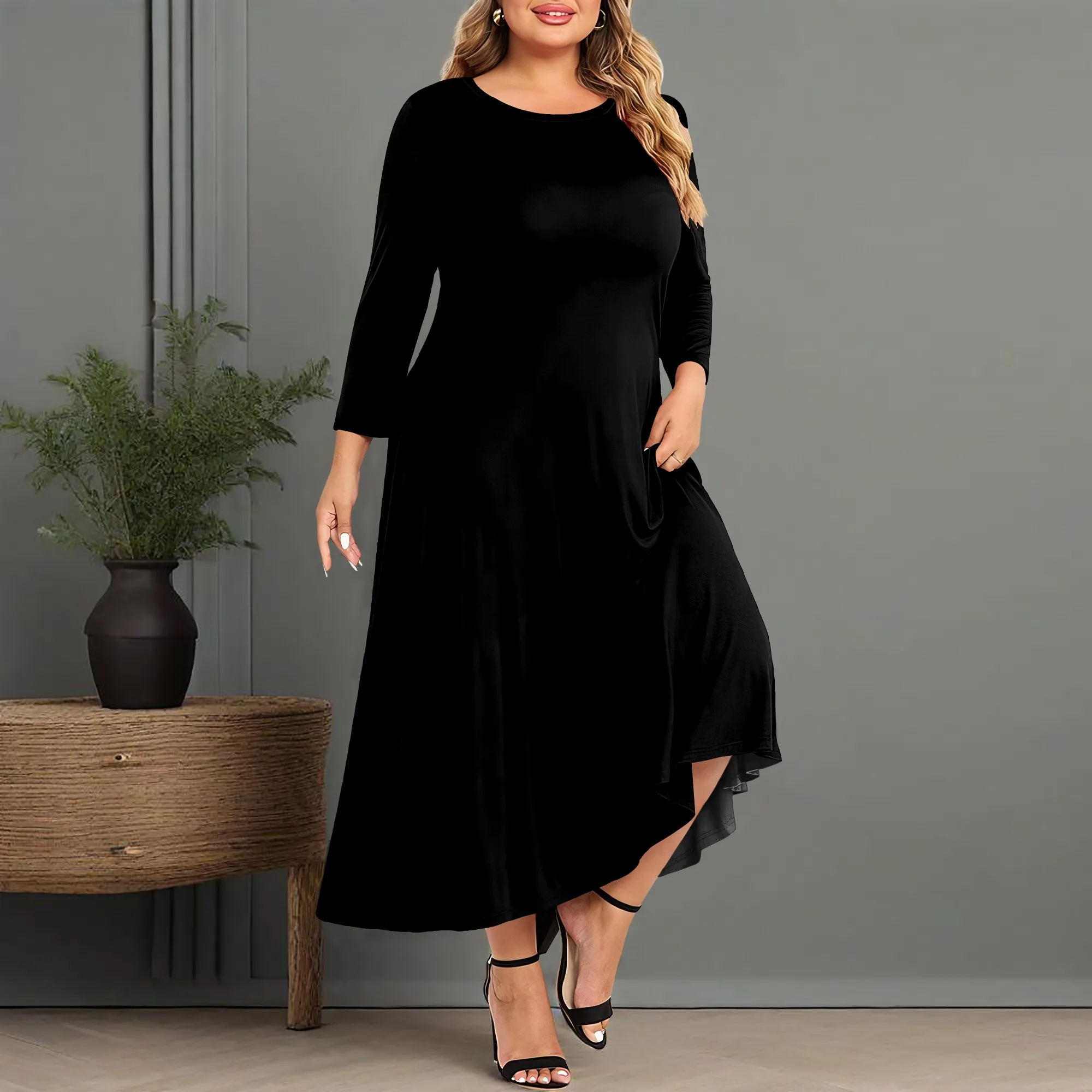 

Women's Casual Basic Comfy 3/4 Sleeve Flare A-line Midi Long Maxi Dress