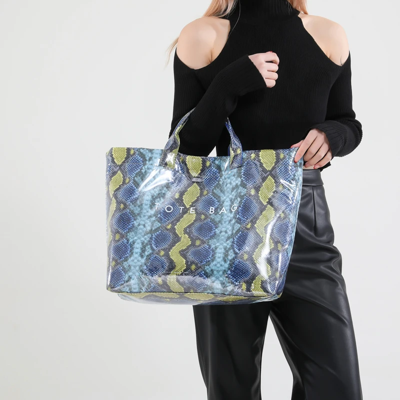 المرأة حقيبة يد بولي PU حقيبة يد الموضة المحمولة سعة كبيرة مقبض علوي حقيبة ثعبان نمط التنقل حقيبة مقاوم للماء حقيبة المتشرد شيك