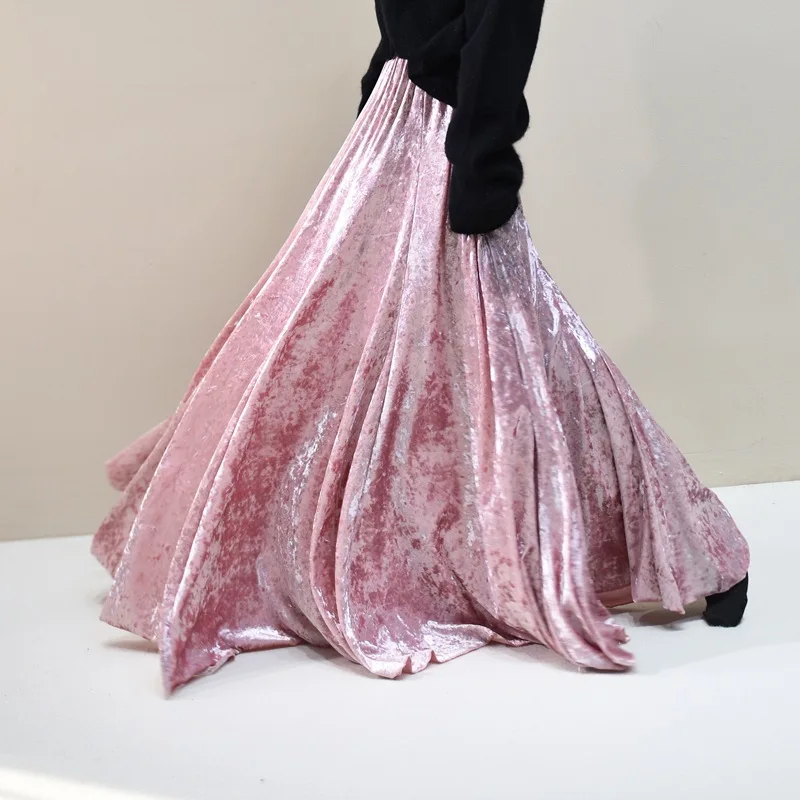 2026 Spring New Retro Diamond Velvet Skirt High Waist Medium and Long Skirt Golden Velvet A Long Skirt