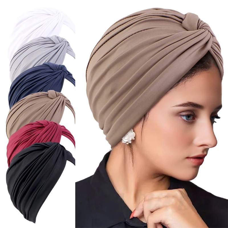 여성을위한 새로운 Pre Tied Twist Turbans 빈티지 솔리드 컬러 헤드 랩 보닛 Pleated Beanies Elastic Chemo Cap Ramadan Headscarf